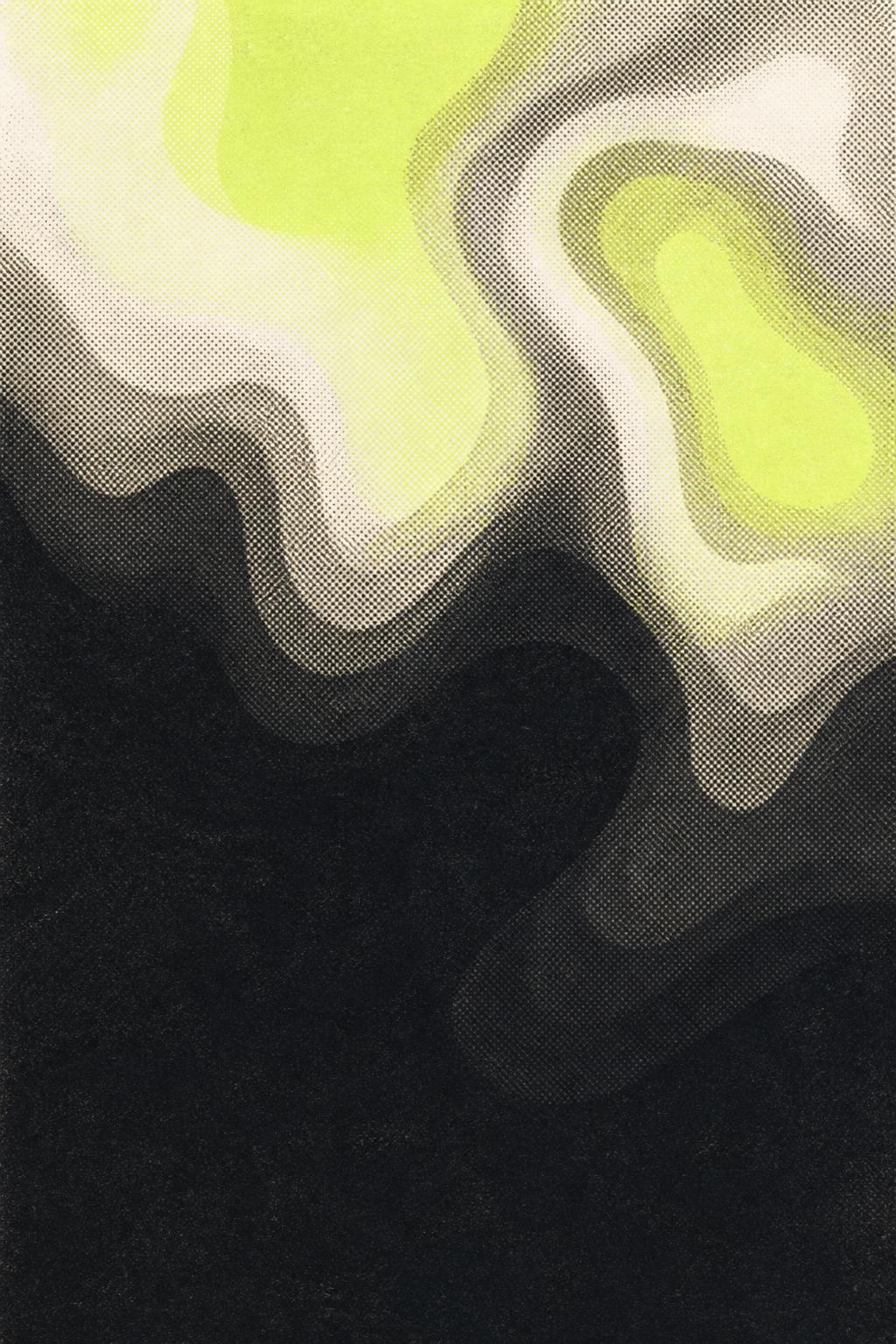 Risograph thermal heat-map print in lime, stone grey and charcoal